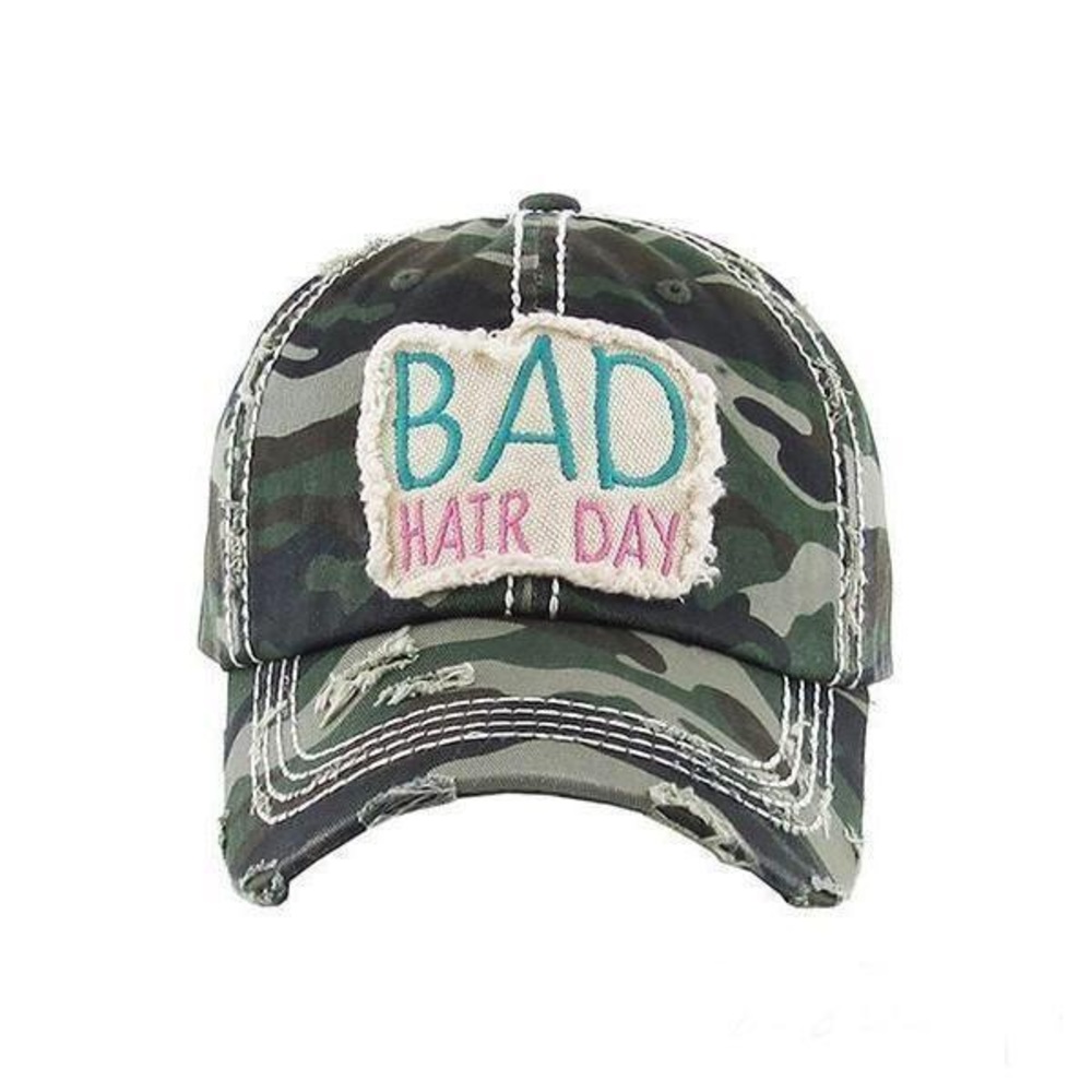 “Bad Hair Day” Distressed Cap - Camo